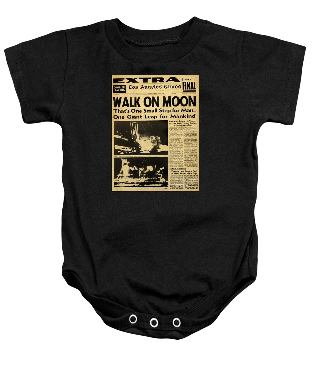 Los Angeles Baby Onesie featuring the digital art Los Angeles Times Moon Walk Newspaper by Alicia Hollinger
