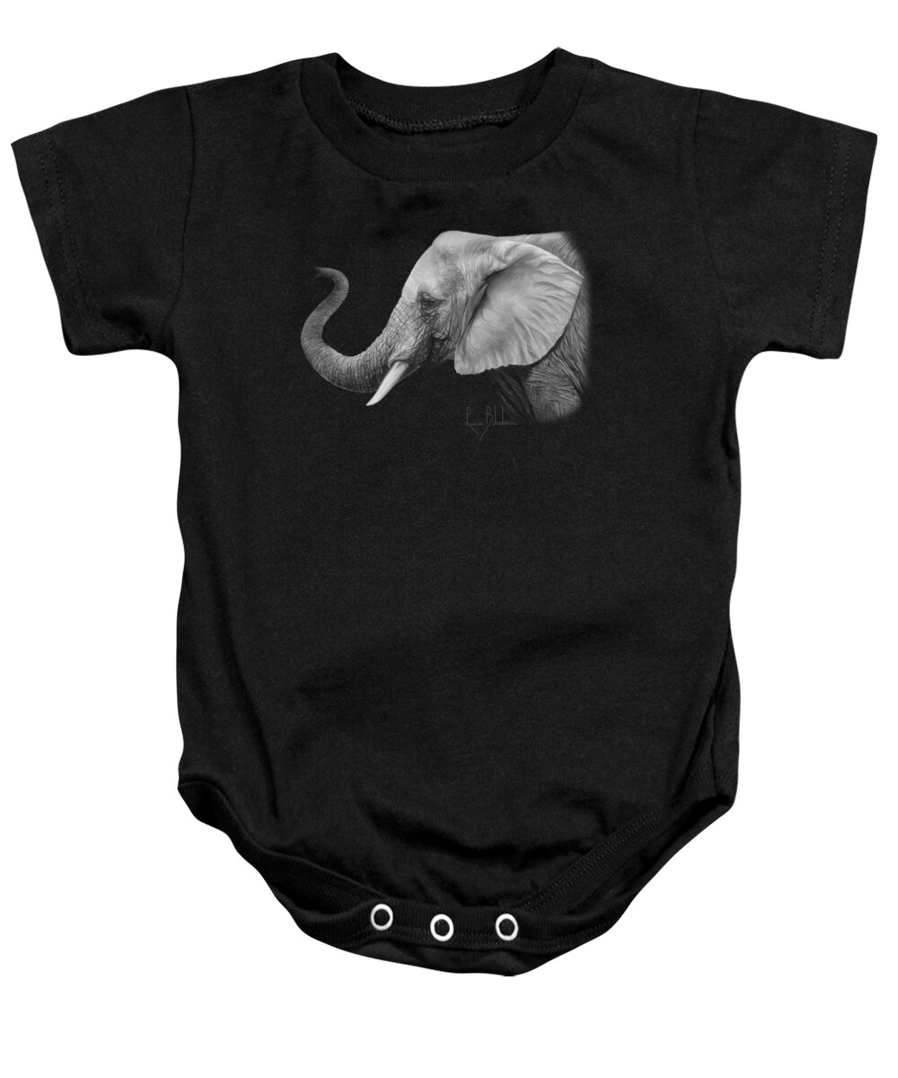 Elephant Baby Onesie featuring the painting Lucky - Black and White by Lucie Bilodeau