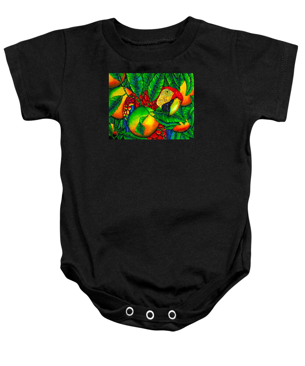 Scarlet Macaw Baby Onesie featuring the painting Macaw and Oranges - Exotic Bird by Daniel Jean-Baptiste