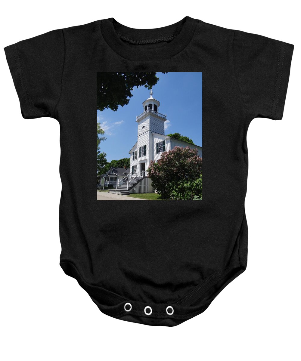 Mission Church Baby Onesie featuring the photograph Mackinac Island Mission Church by Keith Stokes