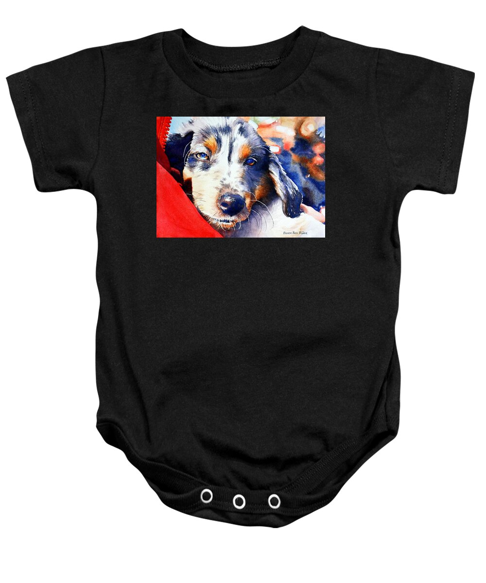 Australian Shepherd Puppy. Red Baby Onesie featuring the painting Maggie by Brenda Beck Fisher