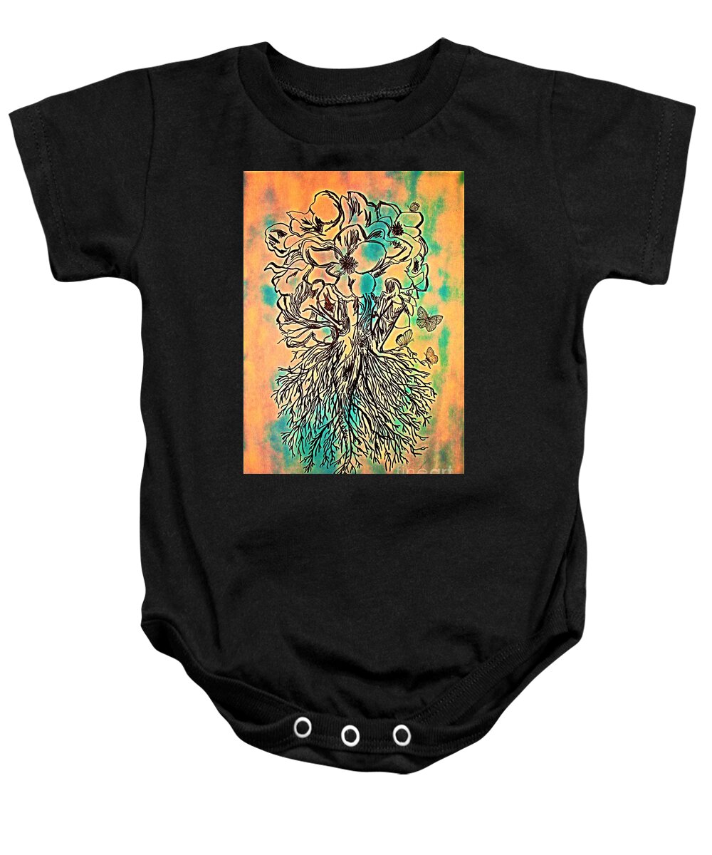 Painting Baby Onesie featuring the painting Magnolia Roots Gold and Green by Barbara Donovan