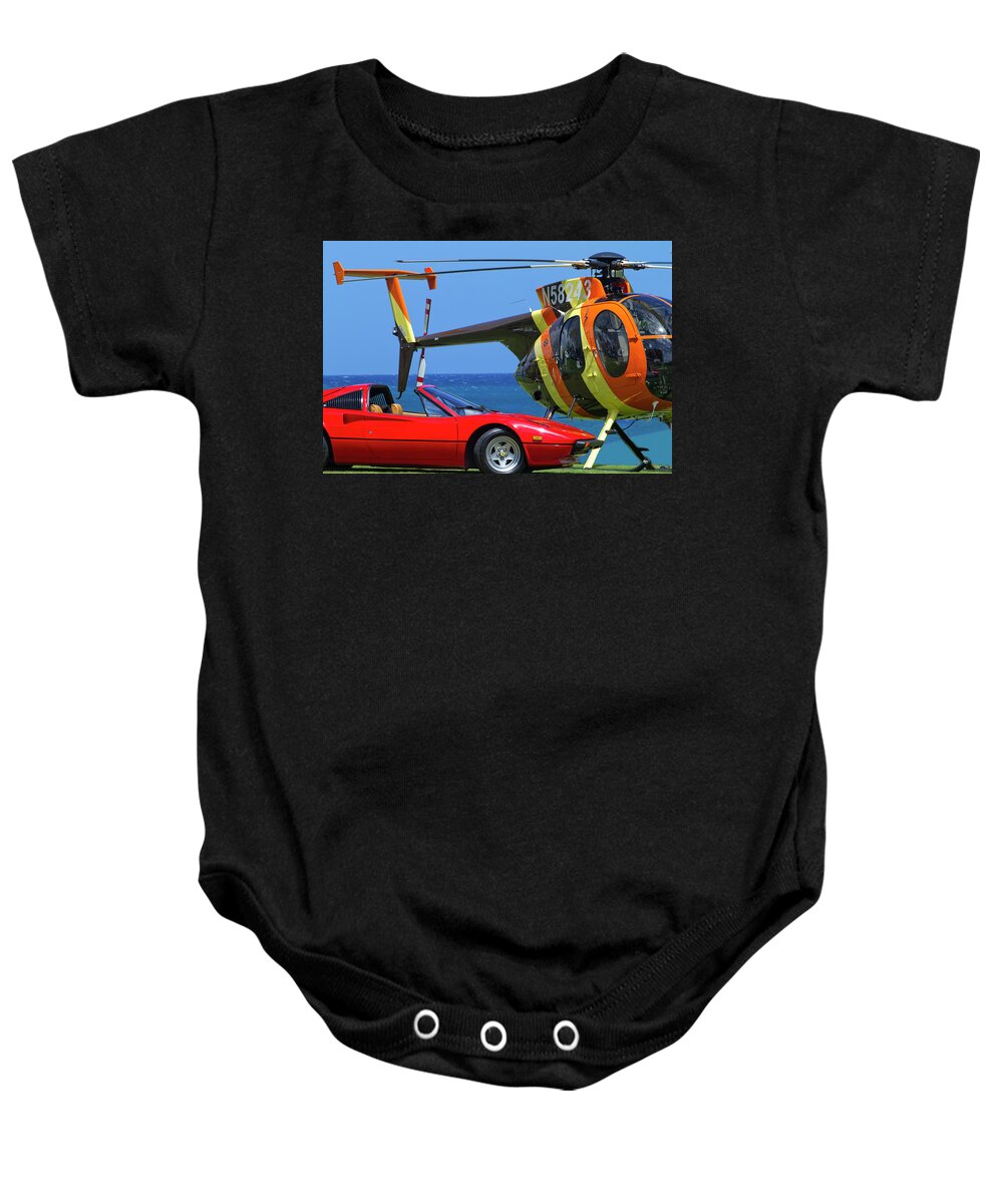  Magnum Pi Baby Onesie featuring the photograph Magnum Helicopter and Ferrari by Sean Davey
