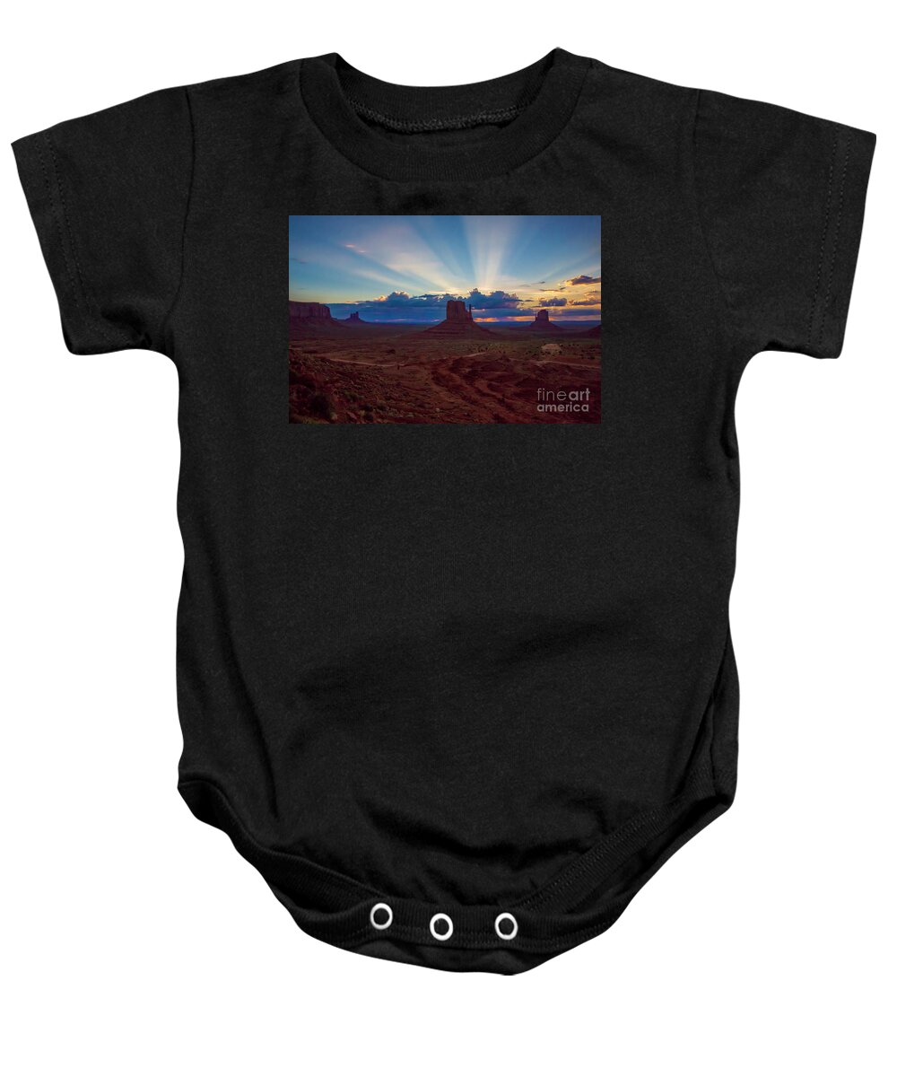 Majestic Sunrise Baby Onesie featuring the photograph Majestic Sunrise, Monument Valley by Felix Lai