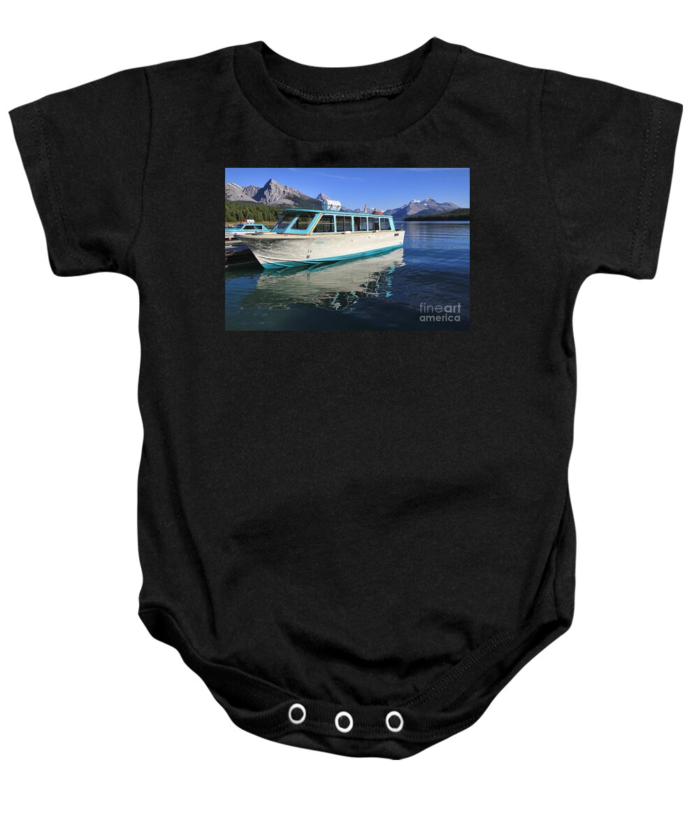Boat Baby Onesie featuring the photograph Maligne Lake Tour Boat Reflection by Teresa Zieba