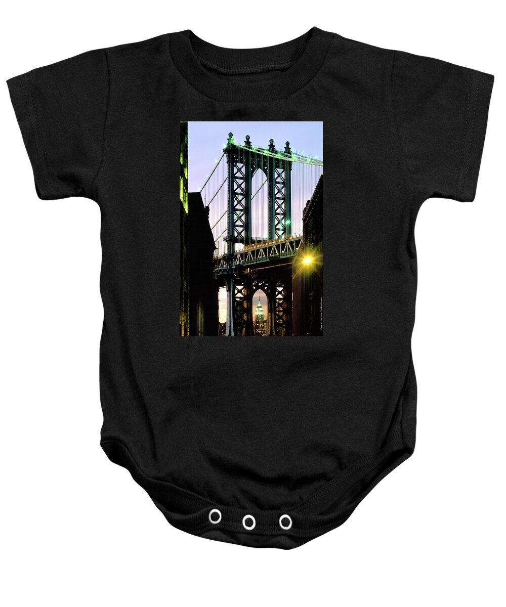 Manhattan Bridge Baby Onesie featuring the photograph Manhattan Bridge and Empire State Building by Mark Ivins
