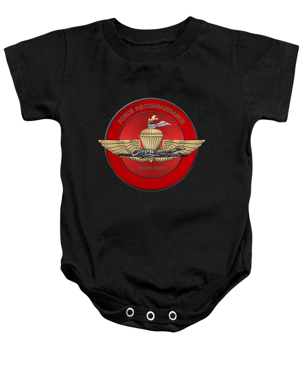 'military Insignia & Heraldry' Collection By Serge Averbukh Baby Onesie featuring the digital art Marine Force Reconnaissance - U S M C  F O R E C O N Insignia over Black Velvet by Serge Averbukh