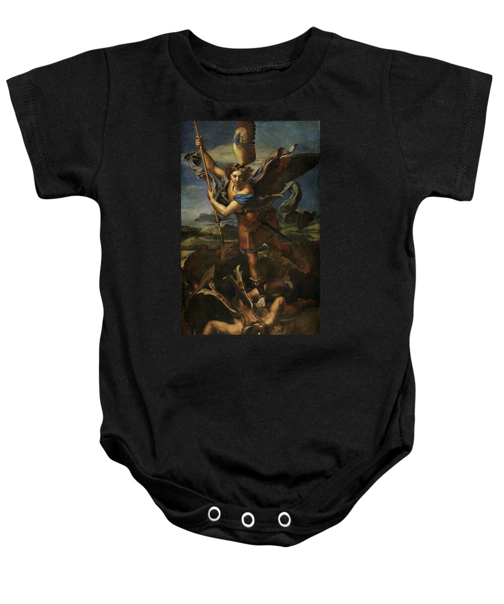 Urbino Baby Onesie featuring the painting Michael defeats Satan by Raphael