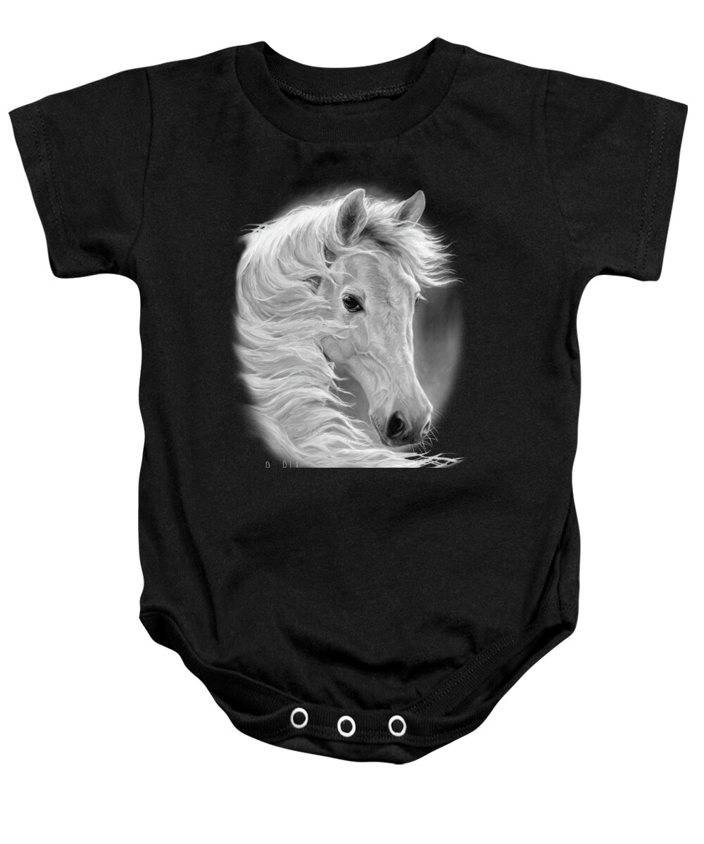 Horse Baby Onesie featuring the painting Midnight Glow - Black and White by Lucie Bilodeau