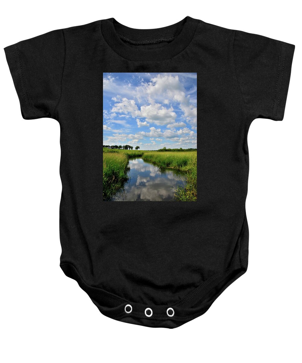 Glacial Park Baby Onesie featuring the photograph Mirror Image of Clouds in Glacial Park Wetland by Ray Mathis