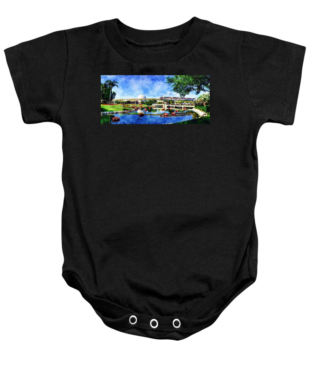 Epcot Baby Onesie featuring the digital art Monorail Red - Coming 'Round the Bend by Sandy MacGowan