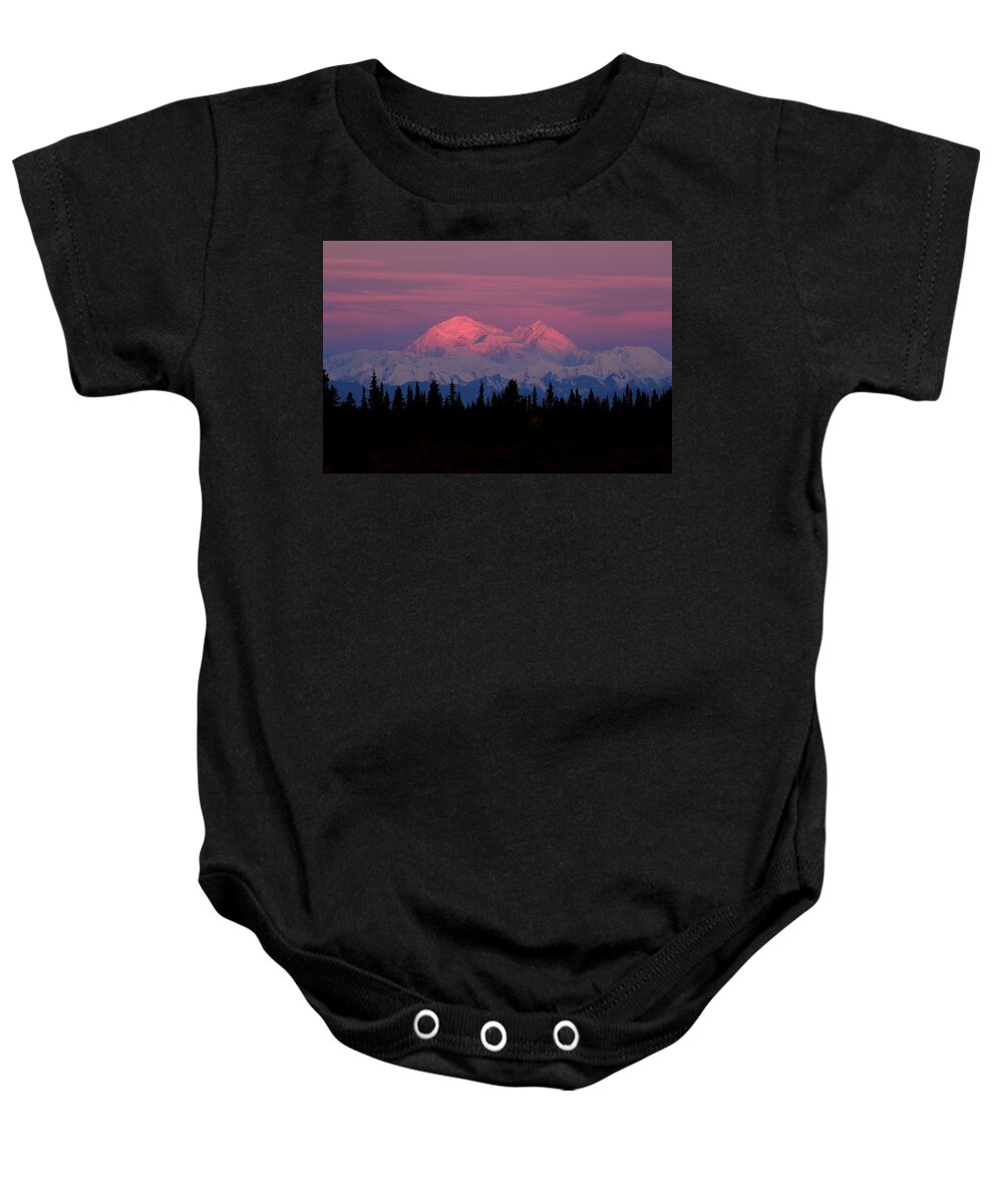 Denali Baby Onesie featuring the photograph Morning Light On Denali by Steve Wolfe