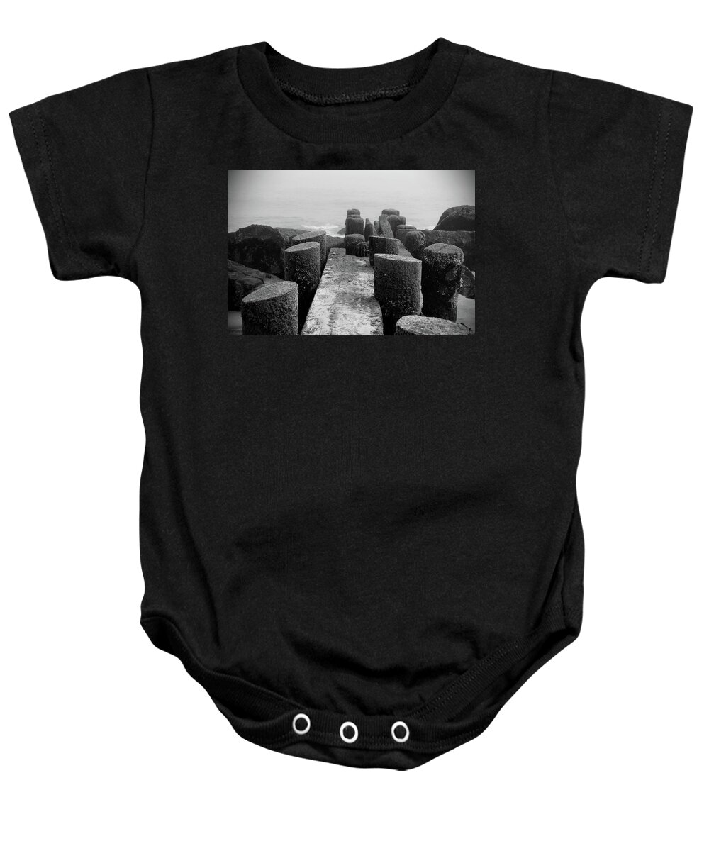 Jersey Shore Baby Onesie featuring the photograph Mossy Jetty in Black and White - Jersey Shore by Angie Tirado