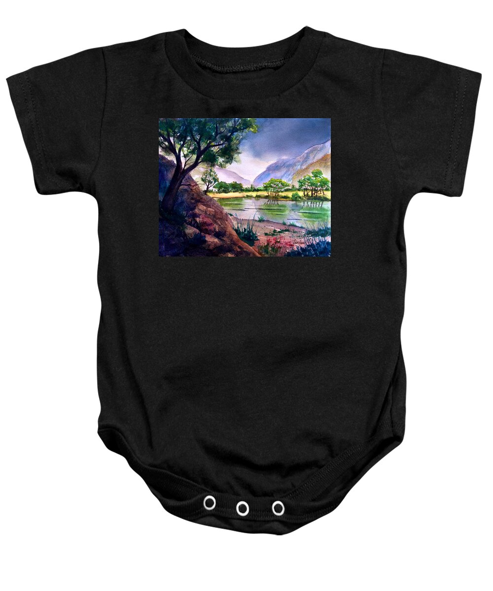 Mountains Baby Onesie featuring the painting Mountain Lake Memories by Frank SantAgata