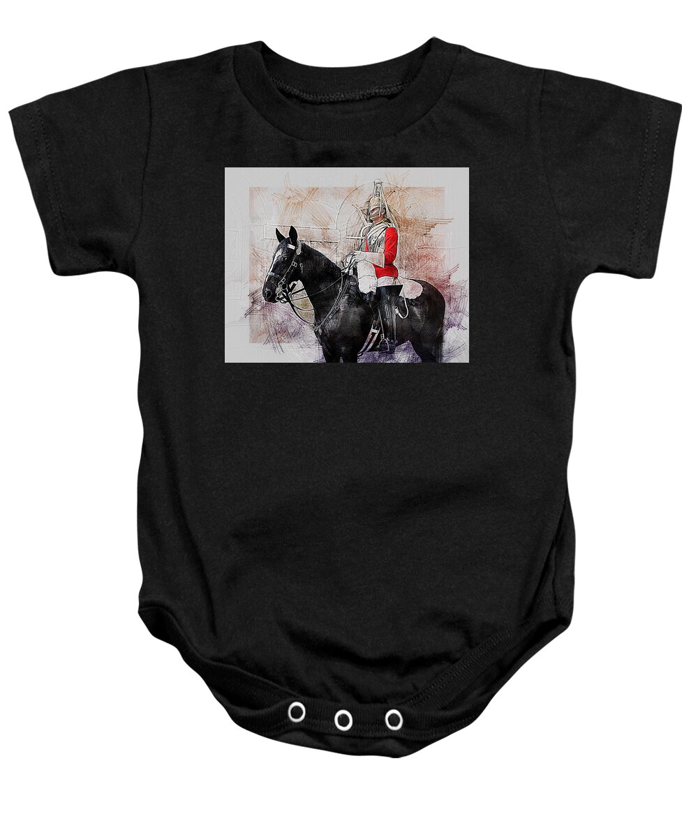 Household Cavalry Baby Onesie featuring the digital art Mounted Household Cavalry Soldier On Guard Duty in Whitehall Lon by Anthony Murphy