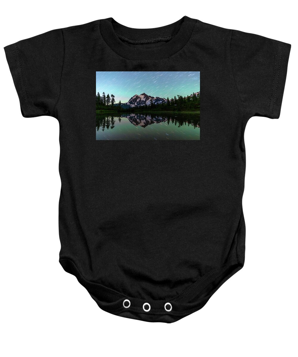 Outdoor; Milky Way; Mountains; North Cascade; Mt Shuksan; Star Trails; Lake; Picture Lake; Mount Baker; Mountain; Tree; Mount Baker National Forest; Artist Point; Mt Baker High Way Baby Onesie featuring the digital art Mt Shuksan and Star Trails by Michael Lee