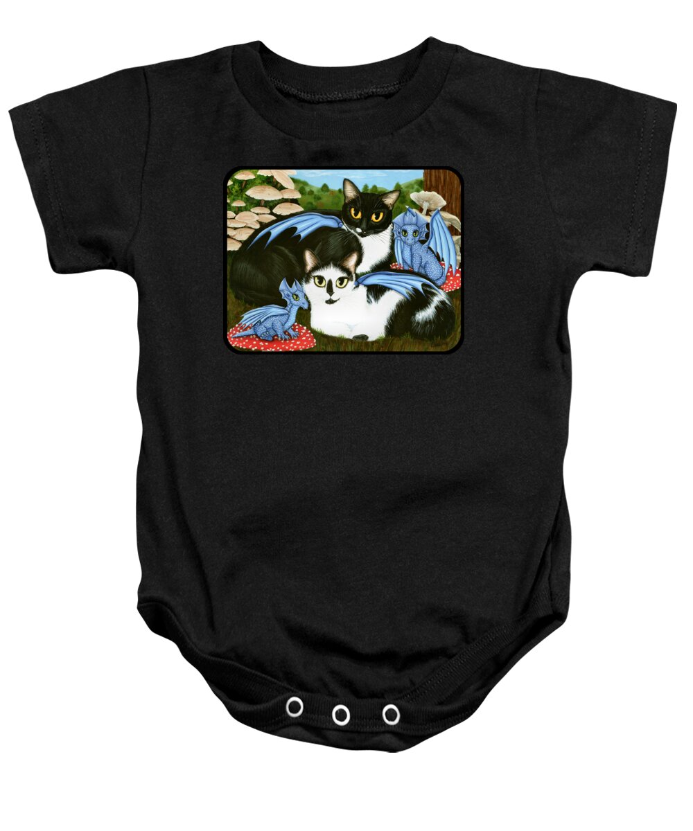 Tuxedo Cat Baby Onesie featuring the painting Nami and Rookia's Dragons - Tuxedo Cats by Carrie Hawks