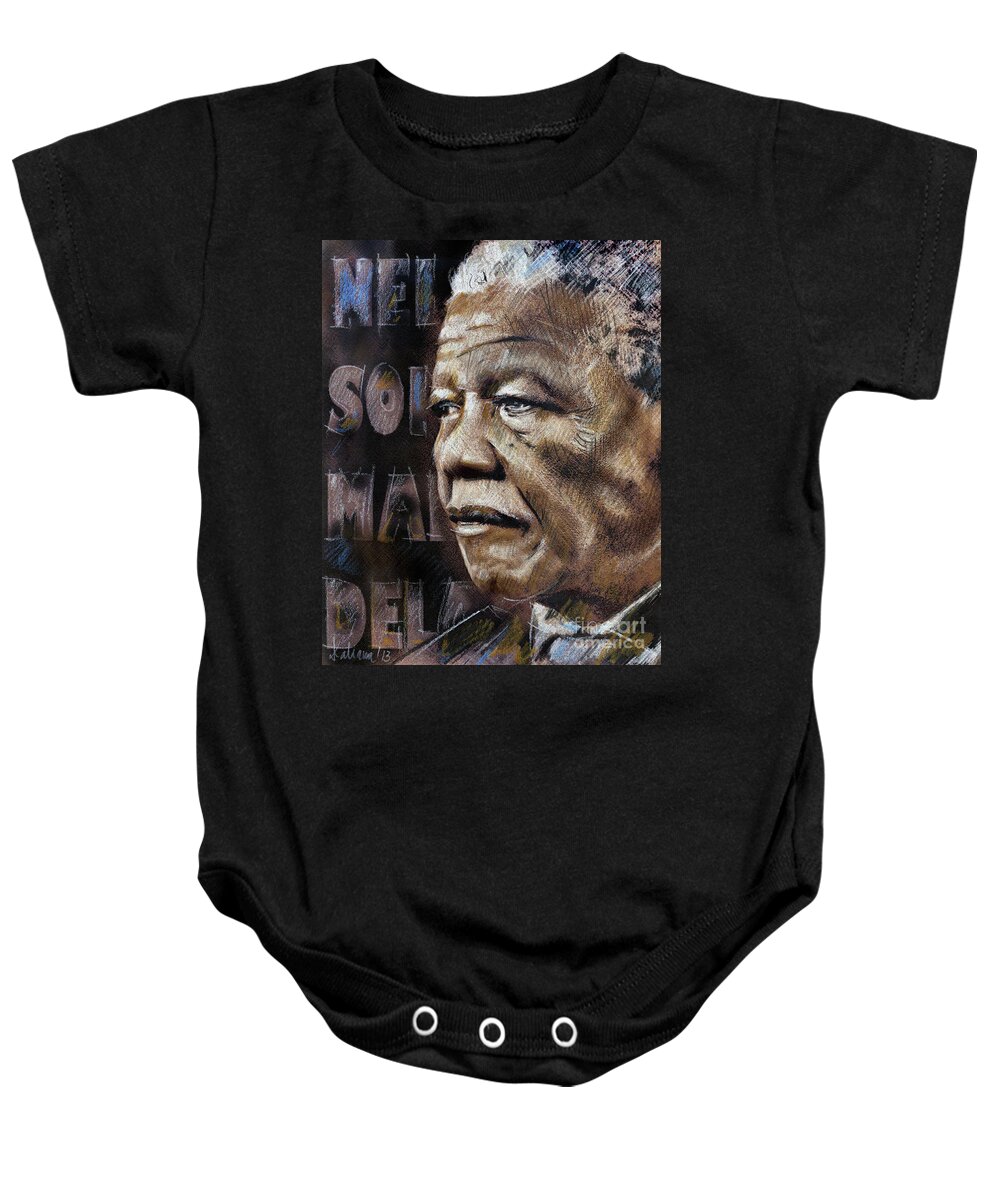 Nelson Mandela Baby Onesie featuring the drawing Nelson Mandela Tribute by Daliana Pacuraru