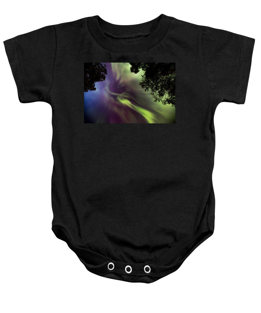 Astrophotography Baby Onesie featuring the photograph Northern Lights in the CIty Overhead 02 by Jakub Sisak