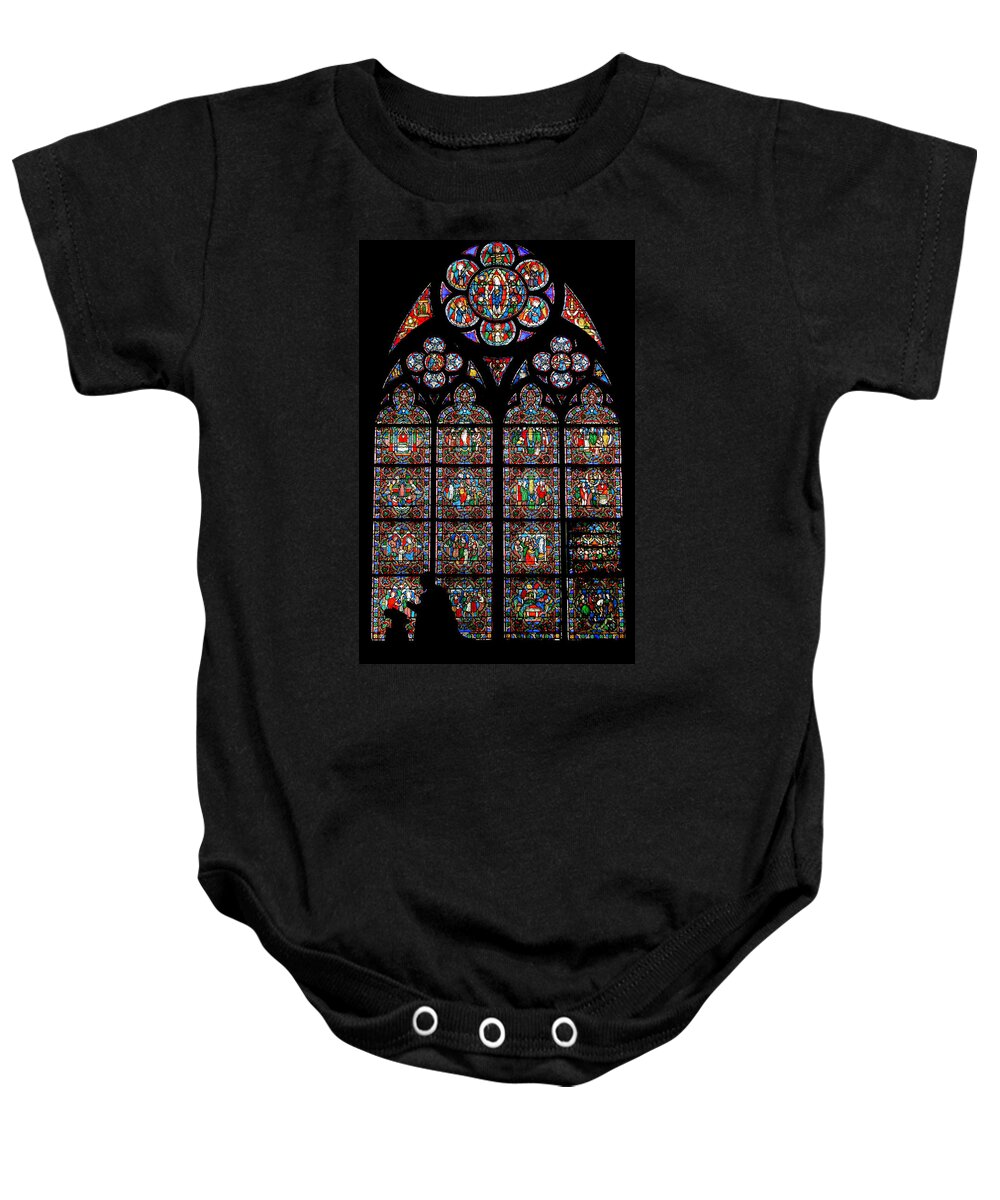 France Baby Onesie featuring the photograph Notre Dame stained glass and silhouette by Jenny Setchell