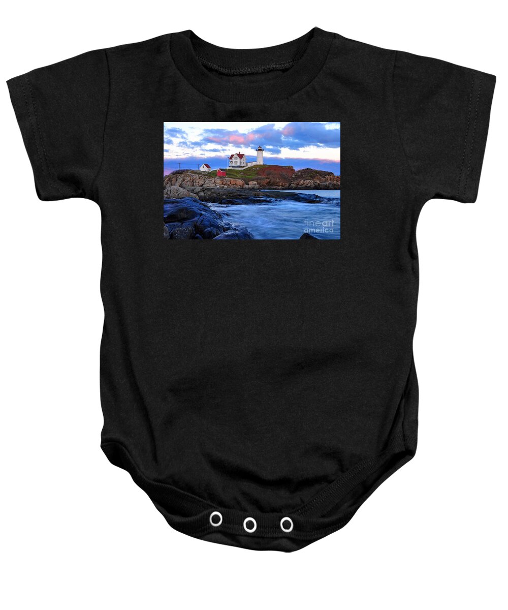 Maine Baby Onesie featuring the photograph Nubble Lighthouse by Steve Brown