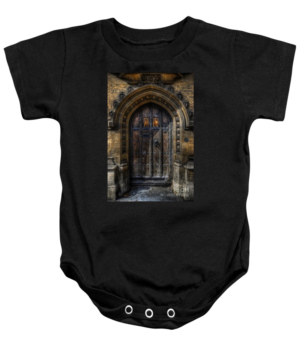Yhun Suarez Baby Onesie featuring the photograph Old College Door - Oxford by Yhun Suarez