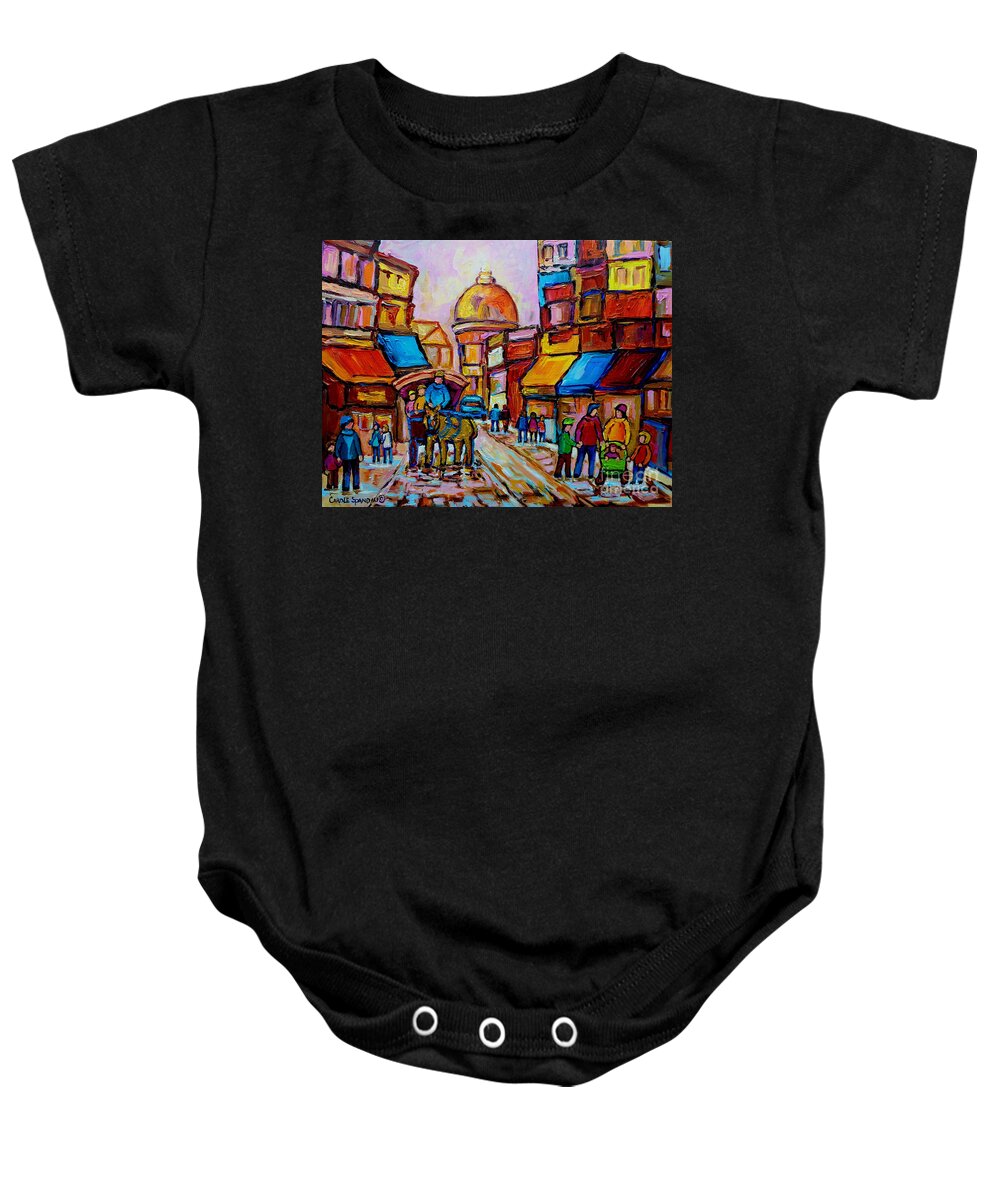 Montreal Baby Onesie featuring the painting Old Montreal Rue St. Paul And Bonsecour Market by Carole Spandau