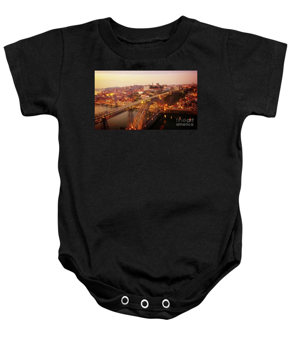 Sunset Baby Onesie featuring the photograph old Porto at Pink Sunset, Portugal by Anastasy Yarmolovich