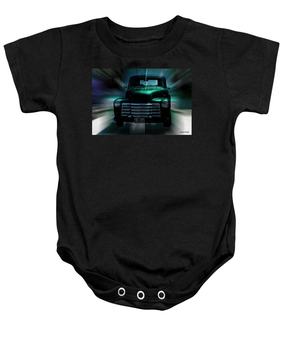 Green Truck Baby Onesie featuring the mixed media On The Move Truck Art by Lesa Fine