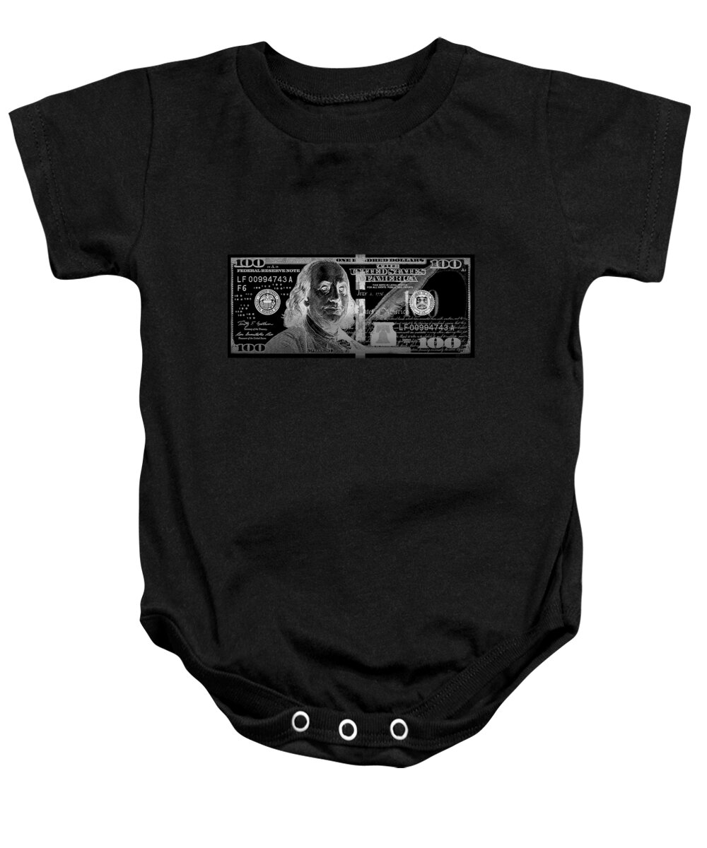 'visual Art Pop' Collection By Serge Averbukh Baby Onesie featuring the digital art One Hundred US Dollar Bill - $100 USD in Silver on Black by Serge Averbukh