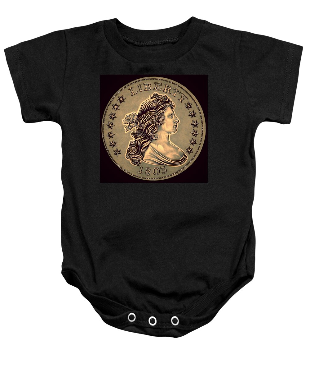 Draped Bust Liberty Dollar Baby Onesie featuring the drawing Oxidized Draped Liberty by Fred Larucci