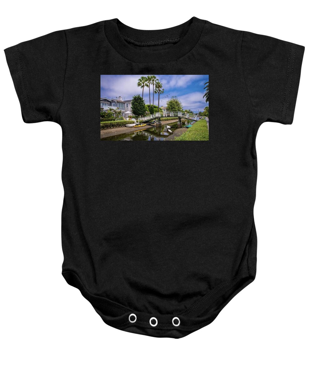 Venice Baby Onesie featuring the photograph Palms and Egrets at the Venice Canals by Lynn Bauer