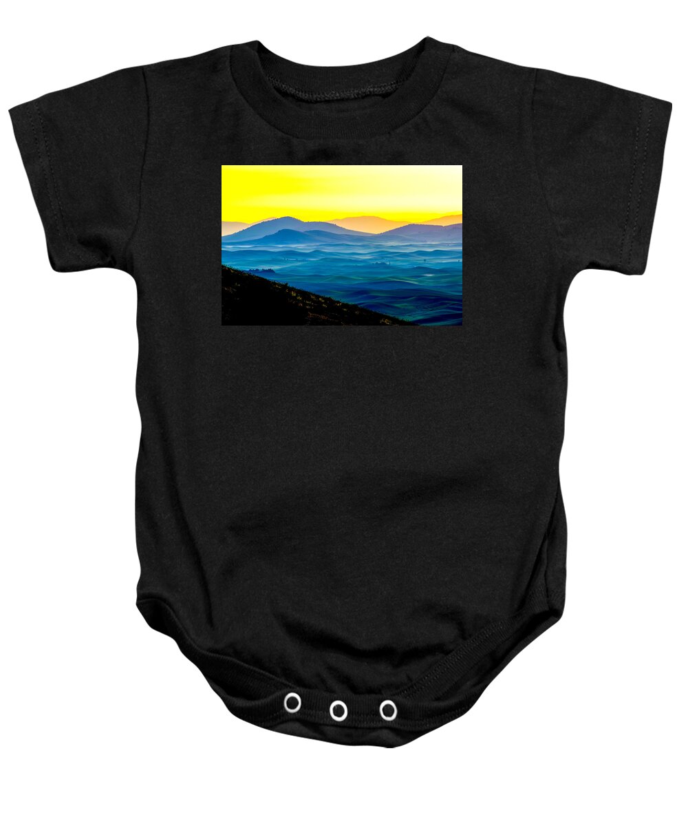Landscape Baby Onesie featuring the photograph Palouse mountain in dawn color by Hisao Mogi