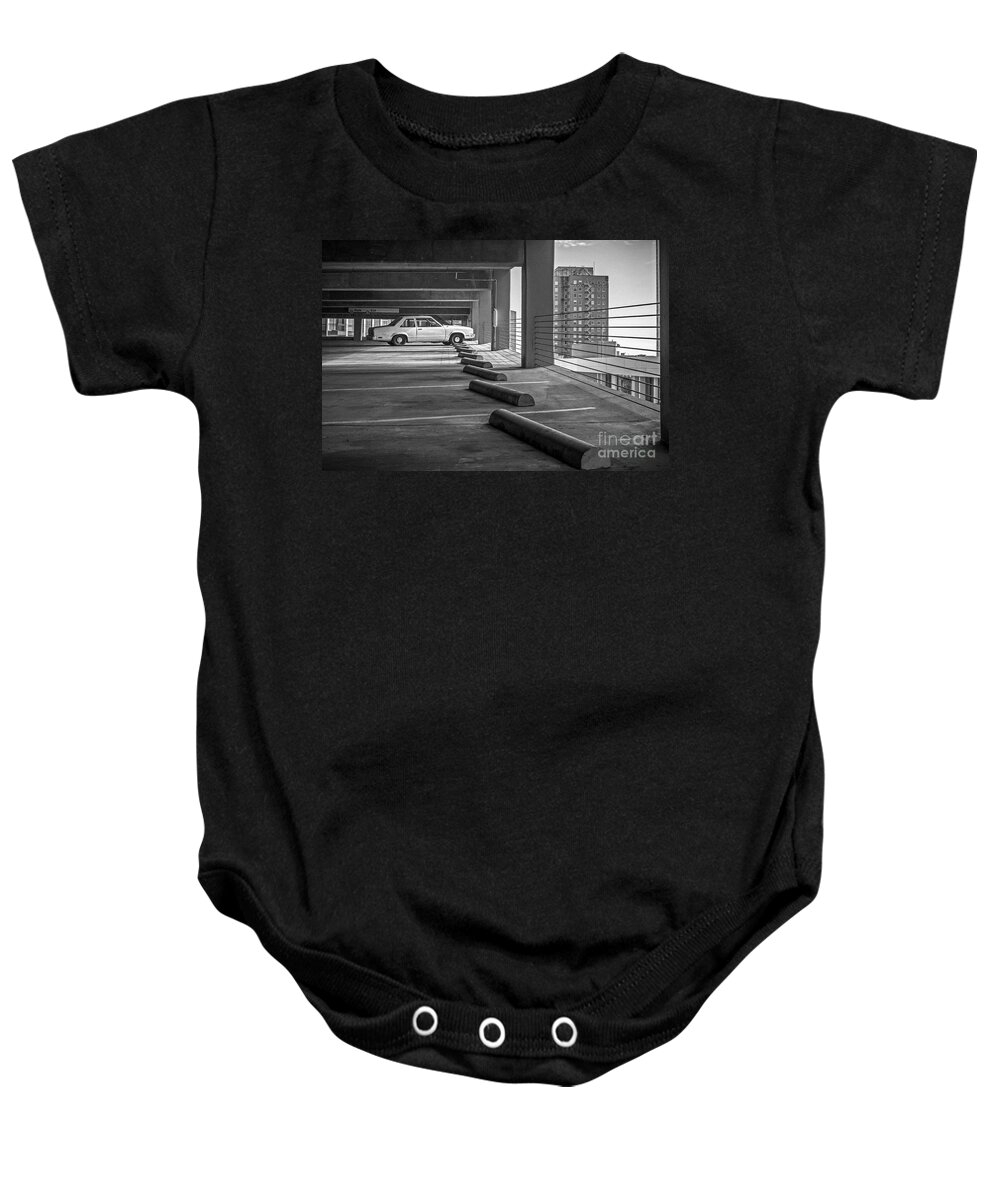 Parked In Black And White; Parked Baby Onesie featuring the photograph Parked in Black and White by Imagery by Charly