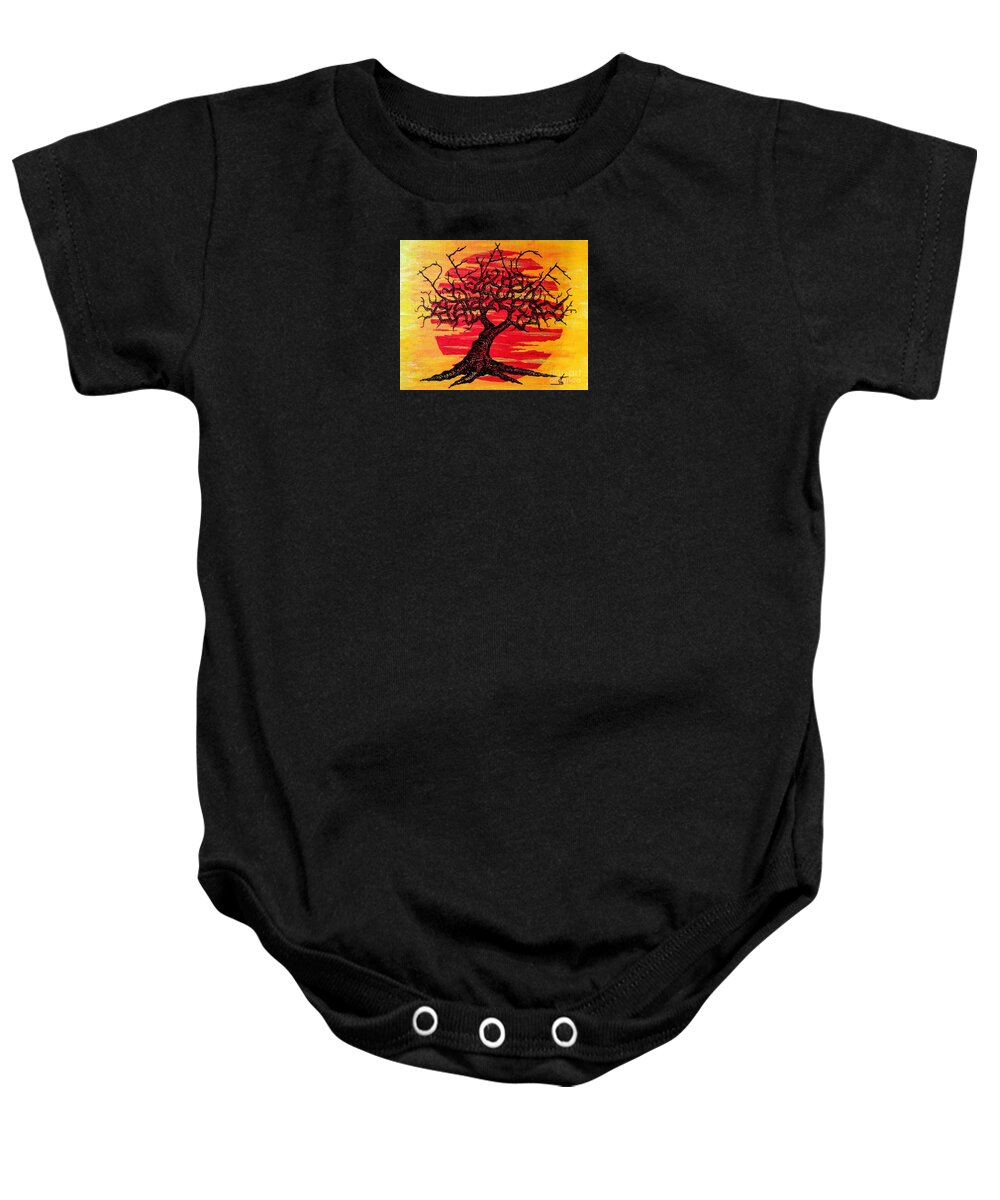 Peace Baby Onesie featuring the drawing Peace Love Tree by Aaron Bombalicki