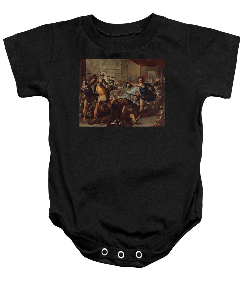 Luca Giordano Baby Onesie featuring the painting Perseus fights Phineas by Luca Giordano