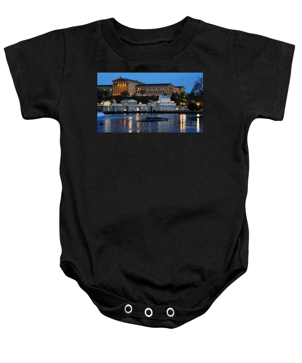 Philadelphia Baby Onesie featuring the photograph Philadelphia Art Museum and Fairmount Water Works by Gary Whitton