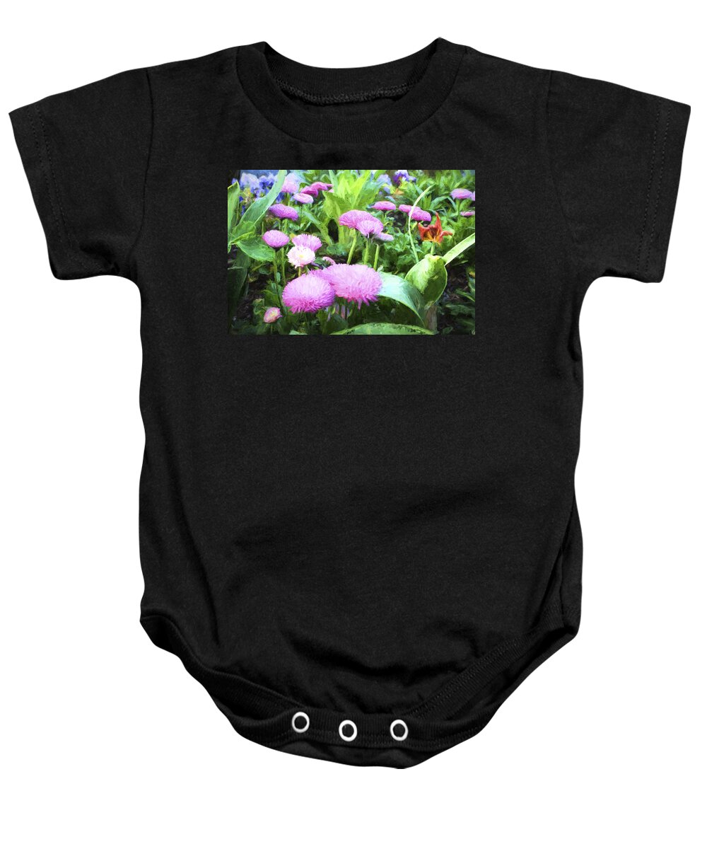 Painterly Baby Onesie featuring the photograph Pink Chrysanthemums in Monets Garden by David Smith