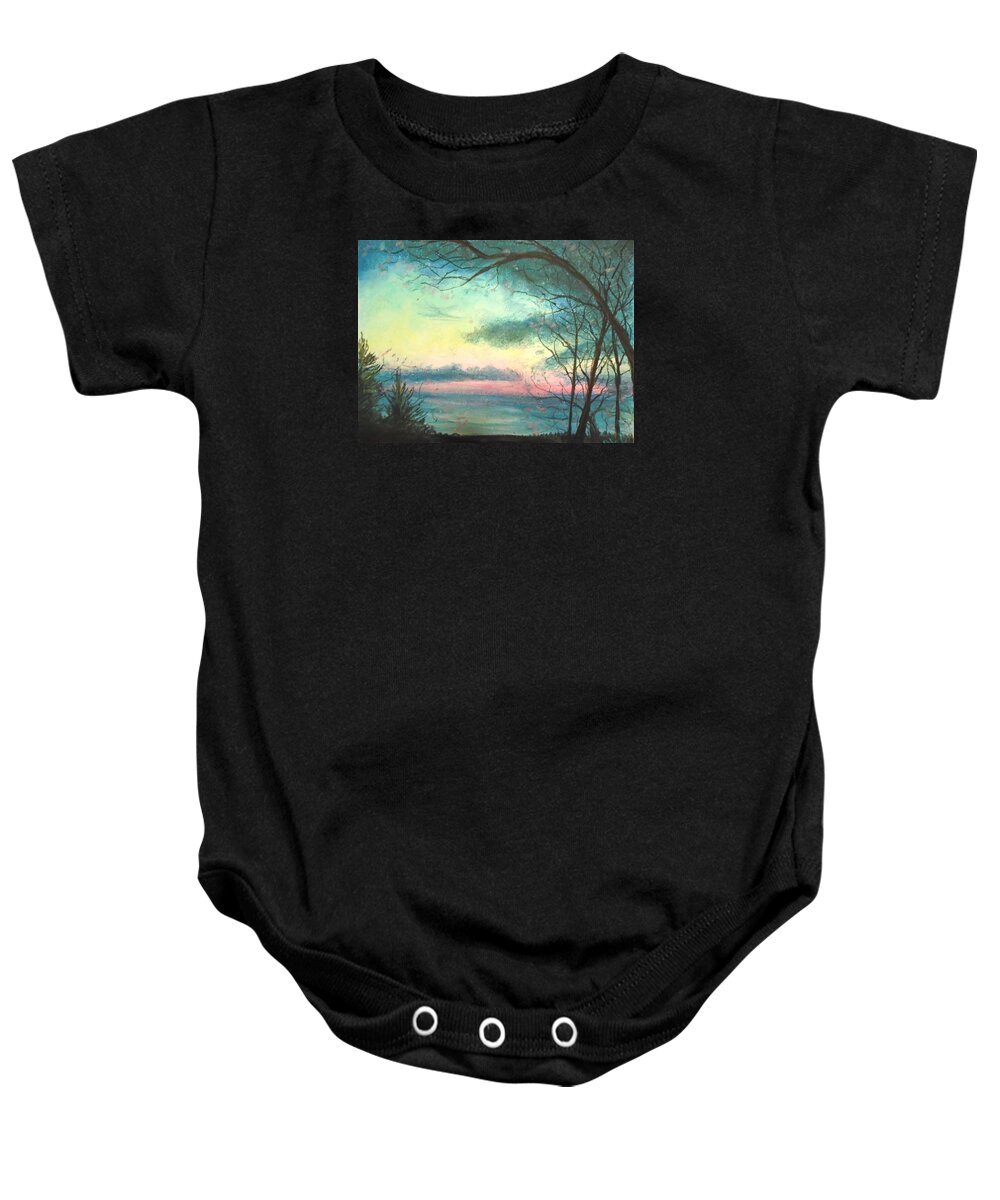 Aqua Sunset Baby Onesie featuring the pastel Pixie Skies by Jen Shearer