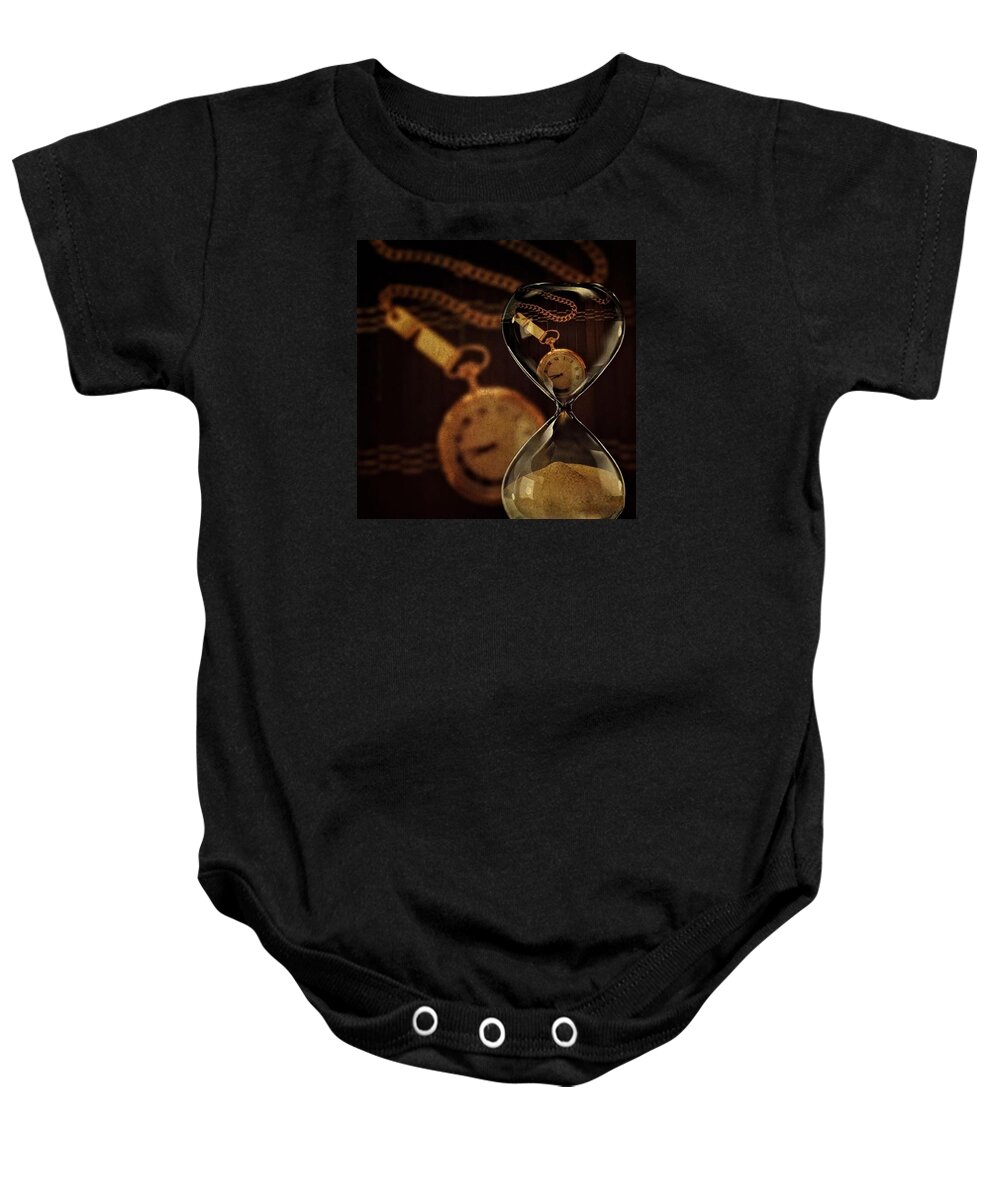 Watch Baby Onesie featuring the photograph Pocket Watch And Sandglass by Susan Candelario