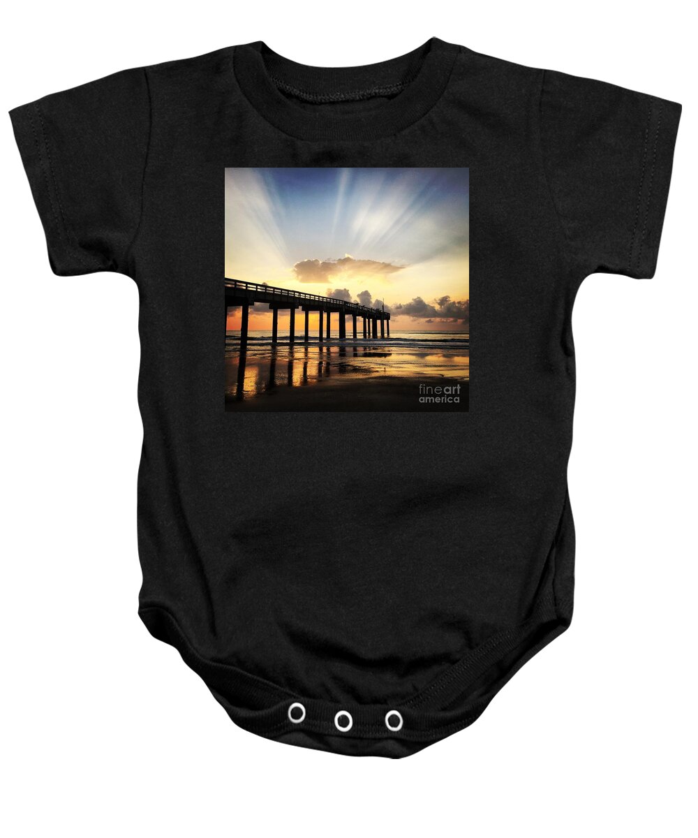 Sunrise. Pier Baby Onesie featuring the photograph Presence by LeeAnn Kendall