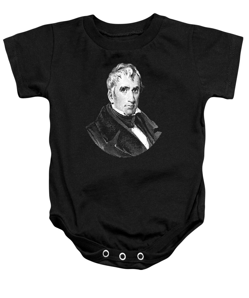 William Henry Harrison Baby Onesie featuring the digital art President William Henry Harrison Graphic - Black and White by War Is Hell Store