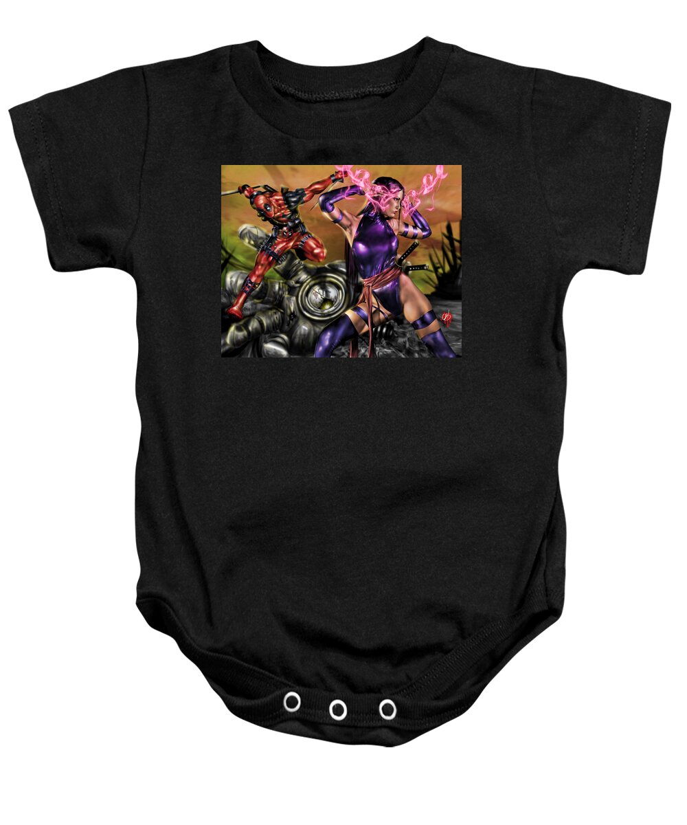 Marvel Baby Onesie featuring the painting Psylocke and Deadpool by Pete Tapang