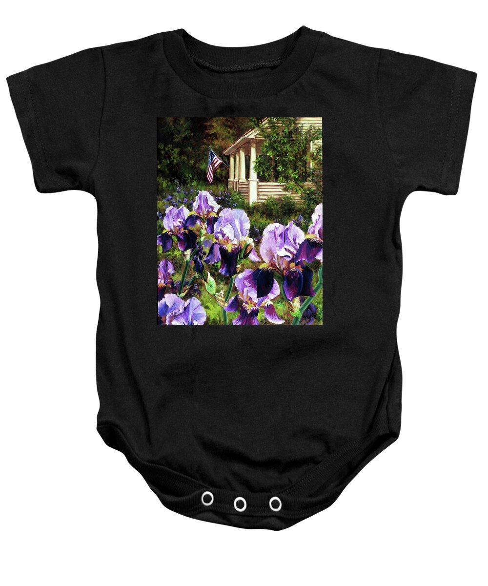 Iris Baby Onesie featuring the painting Purple Irises by Marie Witte