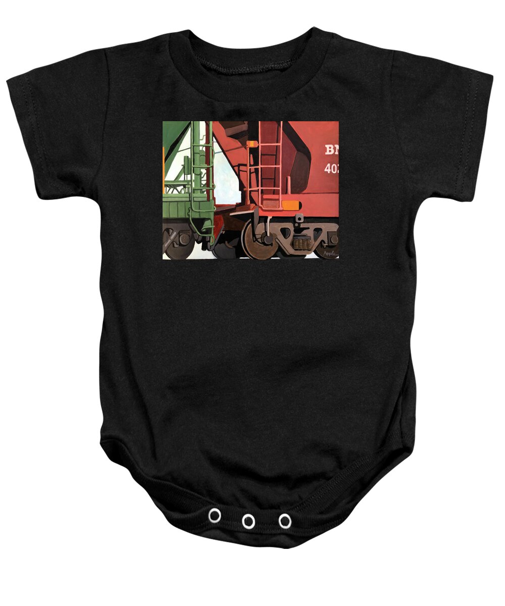 Train Art Baby Onesie featuring the painting Railroad Cars - realistic train oil painting by Linda Apple