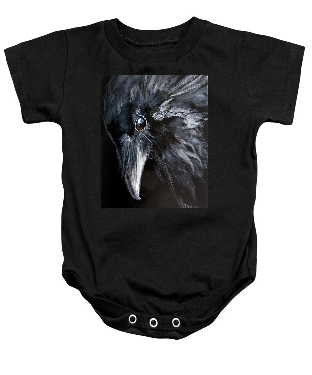Raven Portrait Baby Onesie featuring the painting Raven Attentive by Pat Dolan