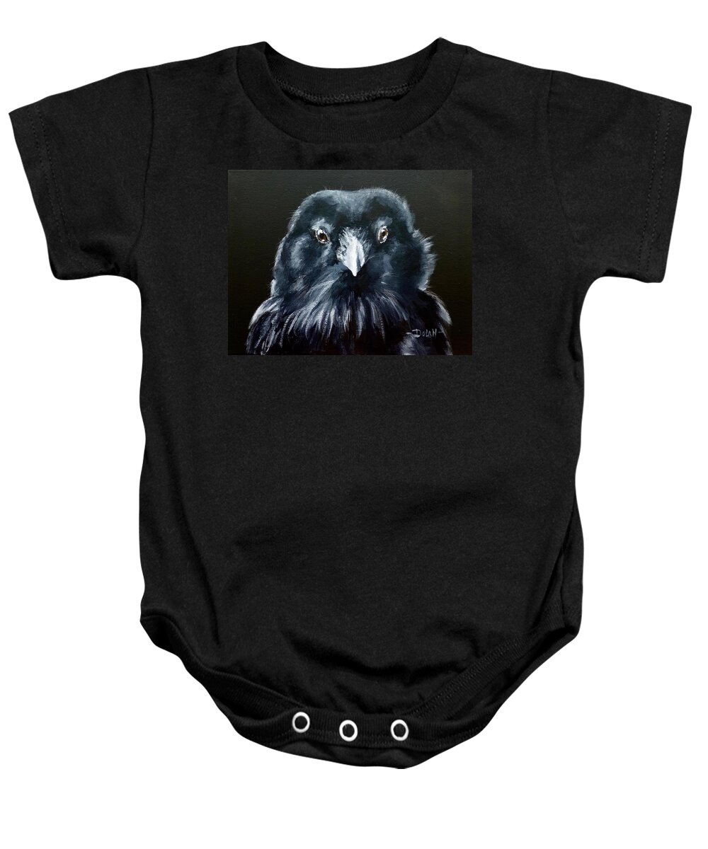 Raven Baby Onesie featuring the painting Raven Fluff by Pat Dolan