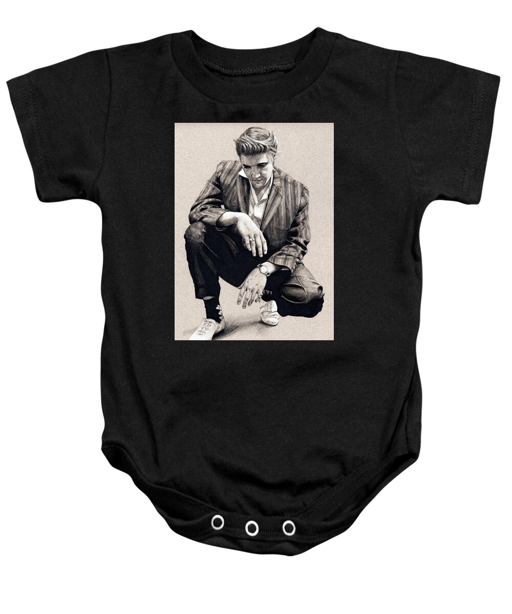 Elvis Baby Onesie featuring the drawing RCA Studio 1, July '56 by Rob De Vries