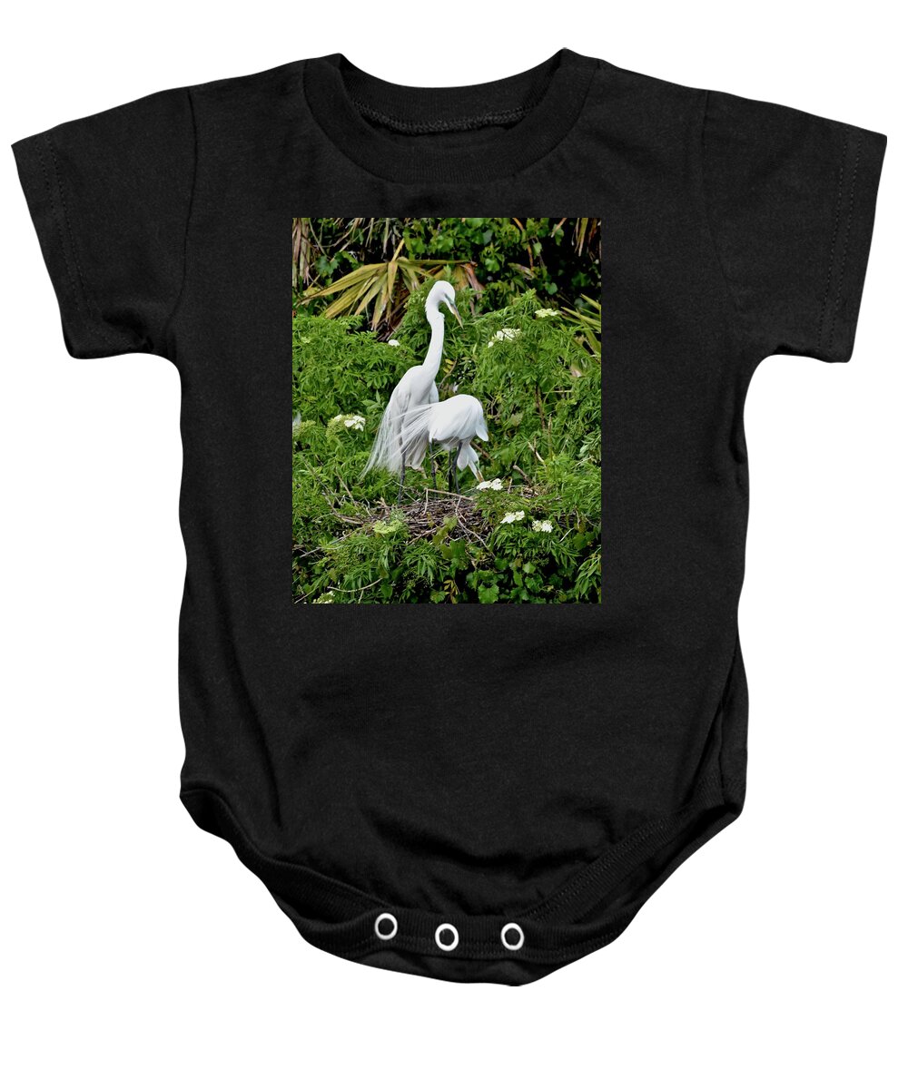 Rookery Baby Onesie featuring the photograph Rearranging The Nest by Carol Bradley