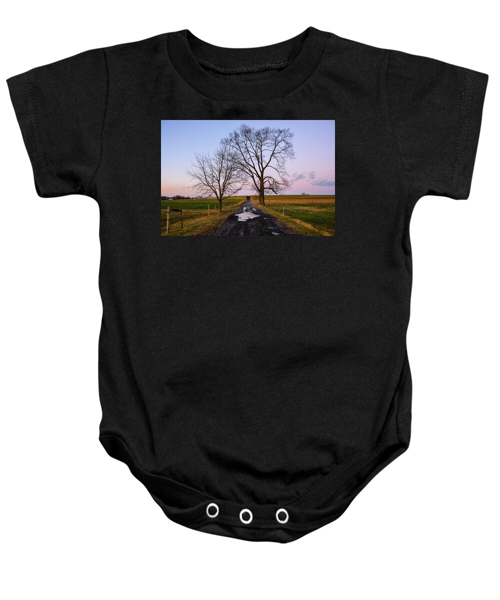 Purple Sky Baby Onesie featuring the photograph Red Lane with Purple Sky by Tana Reiff